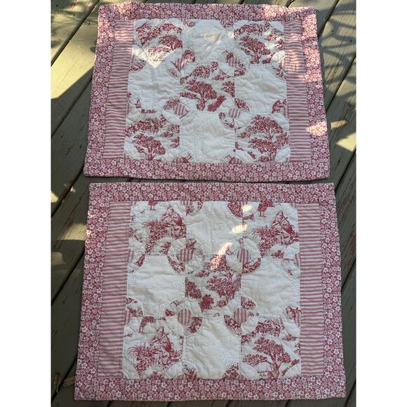 French country Toile quilted pillow shams red white reversible standard set 2 - Picture 1 of 16
